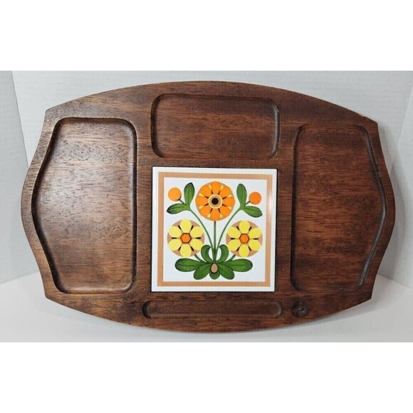 Vintage 70s Gail Craft Wood & Ceramic Cheese Board - Picture 1 of 5